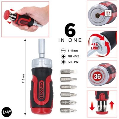 6 In 1 Mini Surubelnita Cu Clichet Cu Bit 1/4 Ks Tools 159.2025