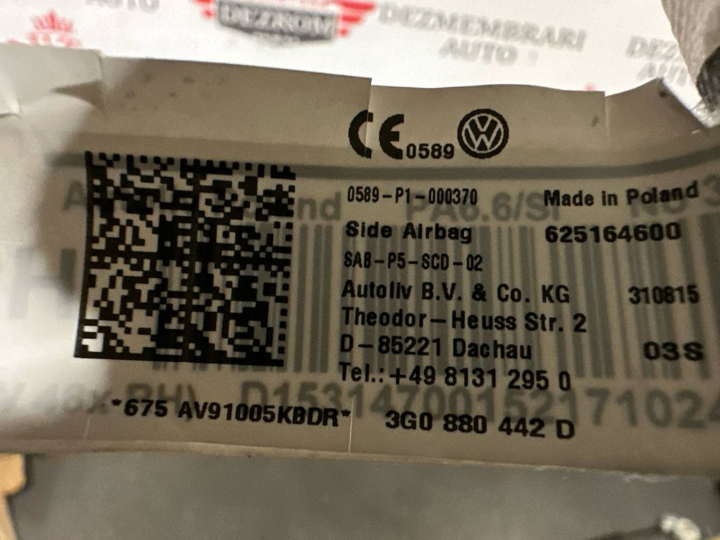 Airbag bancheta dreapta 3G0880442D VW Pa