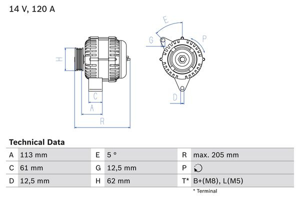 ALTERNATOR ~ 0 986 049 530 ~ BOSCH ~ FIAT GRANDE PUNTO (199_) 1.9 D Multijet 116cp 120cp 130cp 2005 2006 2007 2008 2009