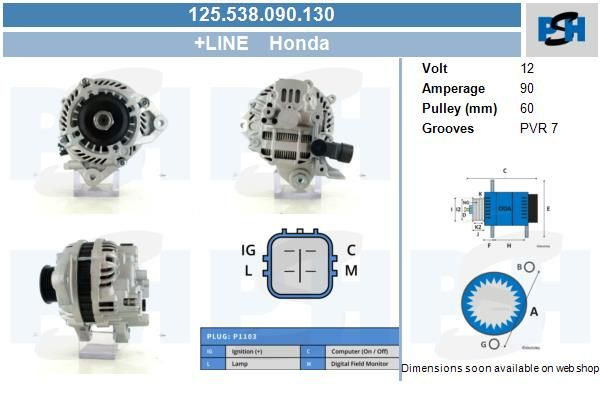 Alternator 125 538 090 130 BV PSH pentru Honda Edix Honda Fr-v