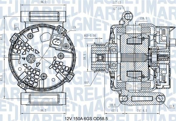 Alternator 12V 150A se potrivește. CITROEN JUMPER II FORD TOURNEO CUSTOM V362 TRANSIT TRANSIT CUSTOM V362 TRANSIT TOURNEO Transit CITROËN JUMPER, Cadru de sprijin, 04.2006 - Magneti Marelli 063731546110