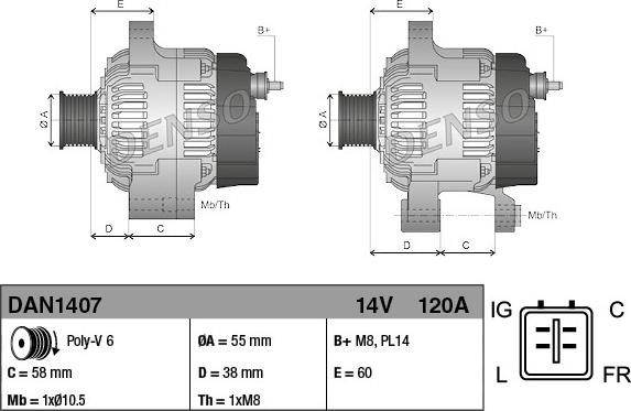 Alternator 14V 120A JAGUAR X-TYPE I 2.1-2.5-3.0 06.01-12.09 JAGUAR X-TYPE (X400), Turism, 09.2003 - 12.2009 Denso DAN1407