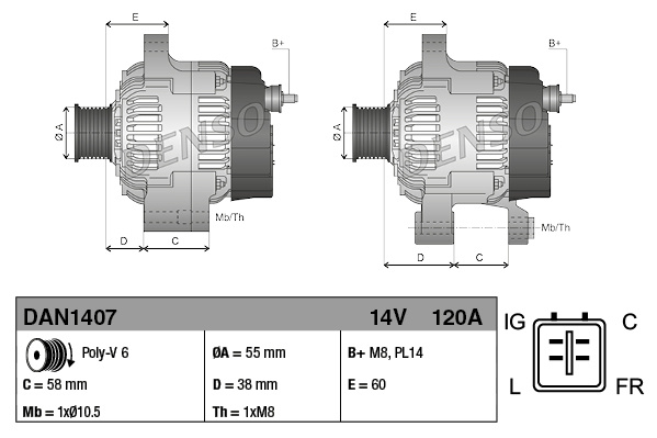 Alternator 14V 120A JAGUAR X-TYPE I 2.1/2.5/3.0 06.01-12.09 DENSO DAN1407