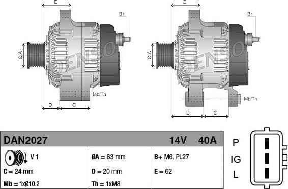 Alternator 14V 40A Denso DAN2027