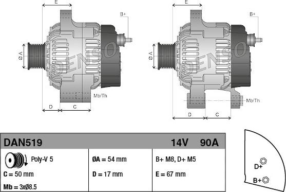 Alternator 14V 90A ALFA ROMEO MITO FIAT 500 500 C BRAVA BRAVO I BRAVO II DOBLO DOBLO CARGO DOBLO-MINIVAN IDEA LIN FIAT STILO (192_), Hatchback, 10.2001 - 11.2010 Denso DAN519