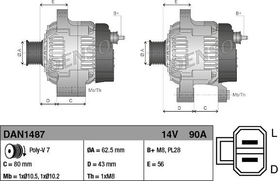 Alternator 14V 90A ISUZU D-MAX I D-MAX II 2.5D-3.0 d 10.06- ISUZU D-MAX (TFR, TFS), Cadru de sprijin, 06.2012 - Denso DAN1487