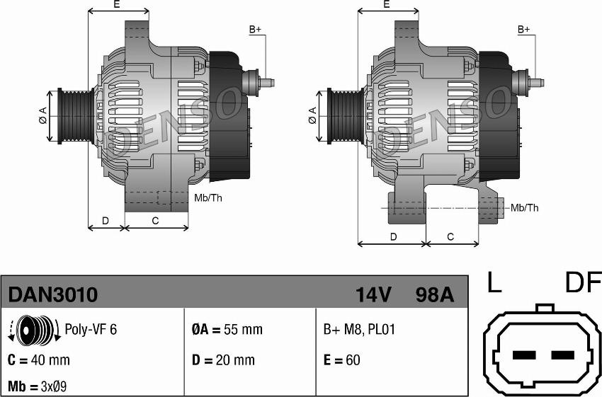 Alternator 14V 98A DACIA LOGAN LOGAN EXPRESS LOGAN MCV SANDERO NISSAN KUBISTAR RENAULT CLIO II KANGOO KANGOO EXPRESS LAGUN Denso DAN3010