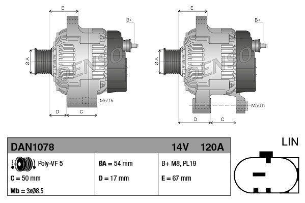 Alternator # Alfa romeo Mito 2011 2012 2013 2014 2015 2016 2017 2018 2019 2020 2021 2022 2023 2024 2025 # DAN1078 # DENSO