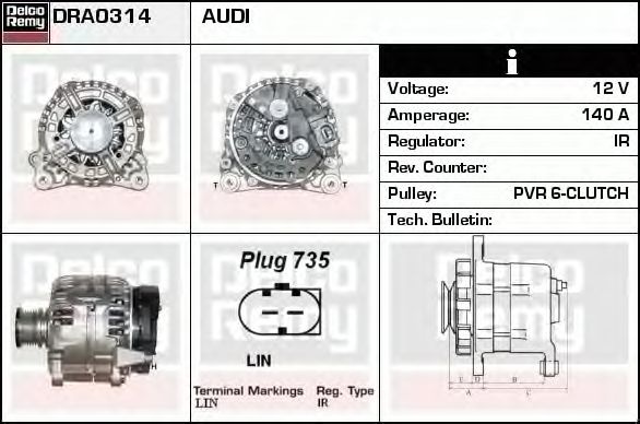 Alternator AUDI A5 Sportback 8TA DELCOREMY DRA0314