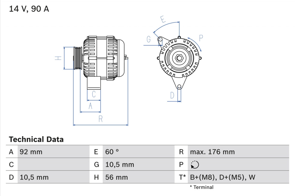 Alternator BOSCH MERCEDES-BENZ SPRINTER 2-t caroserie (B901, B902) 1995-2000 - 0 986 038 170