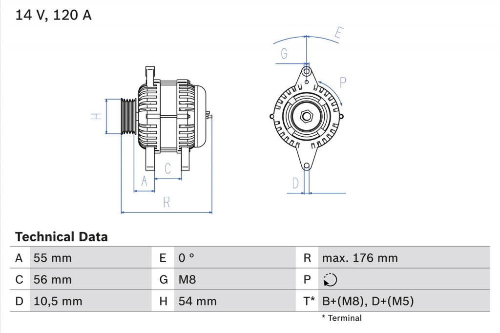 Alternator BOSCH OPEL ASTRA G CLASSIC (T98) 2004-2009 - 0 986 046 150