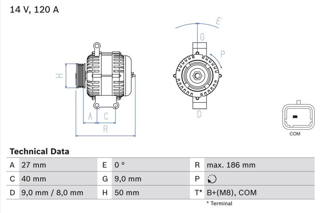 Alternator BOSCH PEUGEOT PARTNER Autoutilitară/limuzină spațioasă 2010-2015 - 0 986 082 570