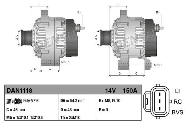 Alternator DAN1118 DENSO pentru Ford Focus Ford C-max Volvo S40 Ford Fusion Volvo V50 Volvo C30 Ford Kuga