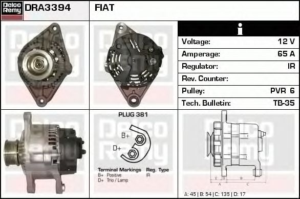 Alternator FIAT STRADA pick-up 178E DELCOREMY DRA3394