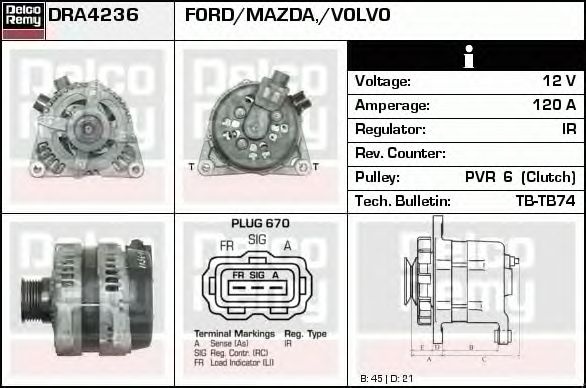 Alternator FORD FUSION JU DELCOREMY DRA4236