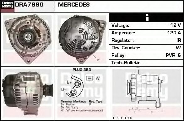 Alternator MERCEDES-BENZ 100 caroserie 631 DELCOREMY DRA7990