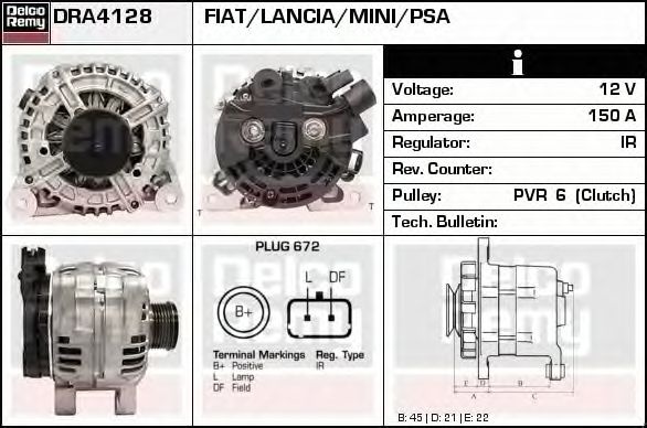 Alternator PEUGEOT 207 CC WD DELCOREMY DRA4128
