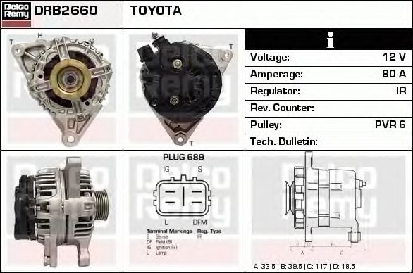 Alternator TOYOTA AVENSIS combi T25 DELCOREMY DRB2660