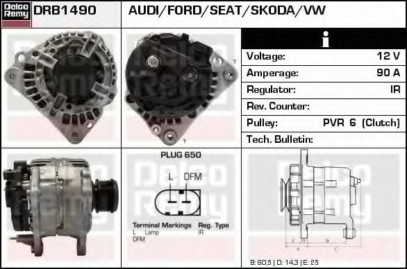 Alternator VW GOLF 4 (1J1) (1997 - 2005) DELCO REMY DRB1490