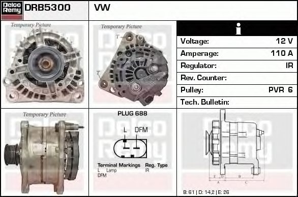 Alternator VW GOLF V 1K1 DELCOREMY DRB5300
