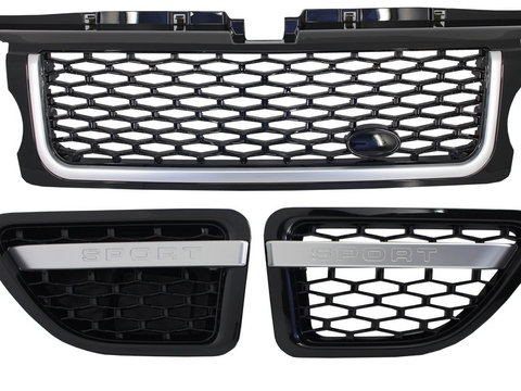 Ansamblu Grila Centrala si Grile Laterale compatibil cu Land Range Rover Sport L320 (2005-2008) Autobiography Look Piano Black Edition RRFGA01BB