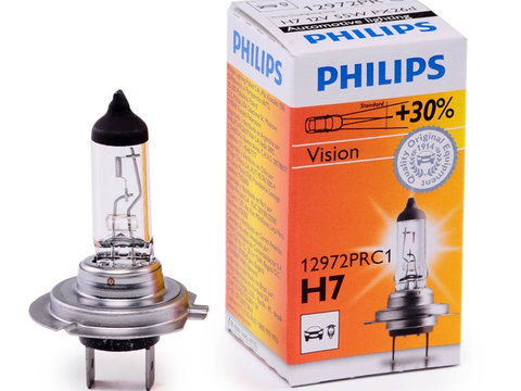 Bec auto cu halogen pentru far Philips Vision +30% lumina H7 12V 55W PX26D , 1 buc. 12972PRC1