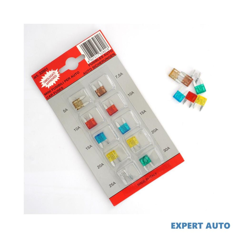 Blister cu 10 mini sigurante fuzibile 5/ 7.5/ 10/ 15/ 20/ 25/ 30 a cod culoare UNIVERSAL Universal #6 32801-TEC