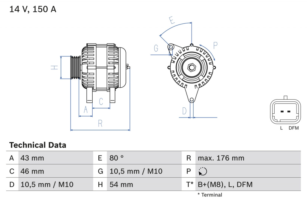 BOSCH Generator / Alternator 0986047360 pentru CITROEN C3 Pluriel (HB_) 8HX (DV4TD); 8HZ (DV4TD) 1398cc 68cp 50kW 2004 2005 2006 2007 2008 2009