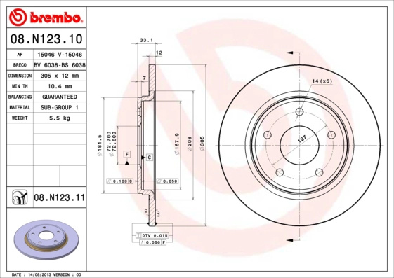 BREMBO Disc frana 08.N123.11 la FIAT FREEMONT (345_) 2011 2012 2013 2014 2015 2016 2017