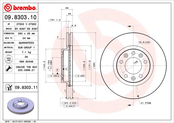 BREMBO Disc frana 09.8303.11 la PEUGEOT 508 SW caroserie inchisa/combi (8E_) 2011 2012 2013 2014 2015 2016 2017 2018