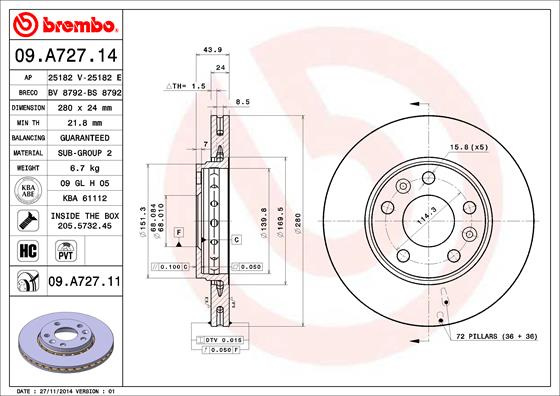 BREMBO Disc frana 09.A727.11 la RENAULT DUSTER (HM_) 2019 2020 2021 2022 2023 2024 2025