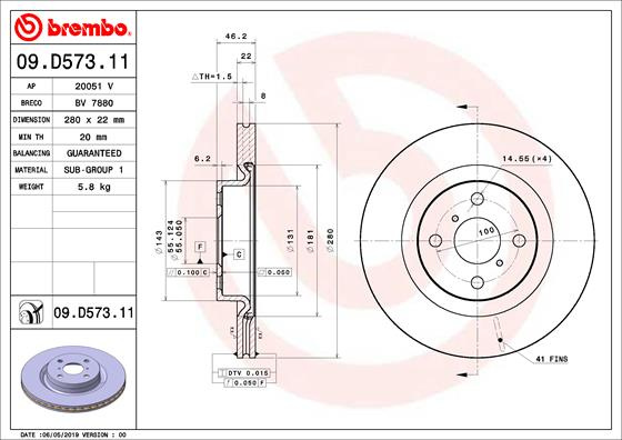 BREMBO Disc frana 09.D573.11 model TOYOTA YARIS (_P13_) 2012 2013 2014 2015 2016 2017 2018 2019 2020