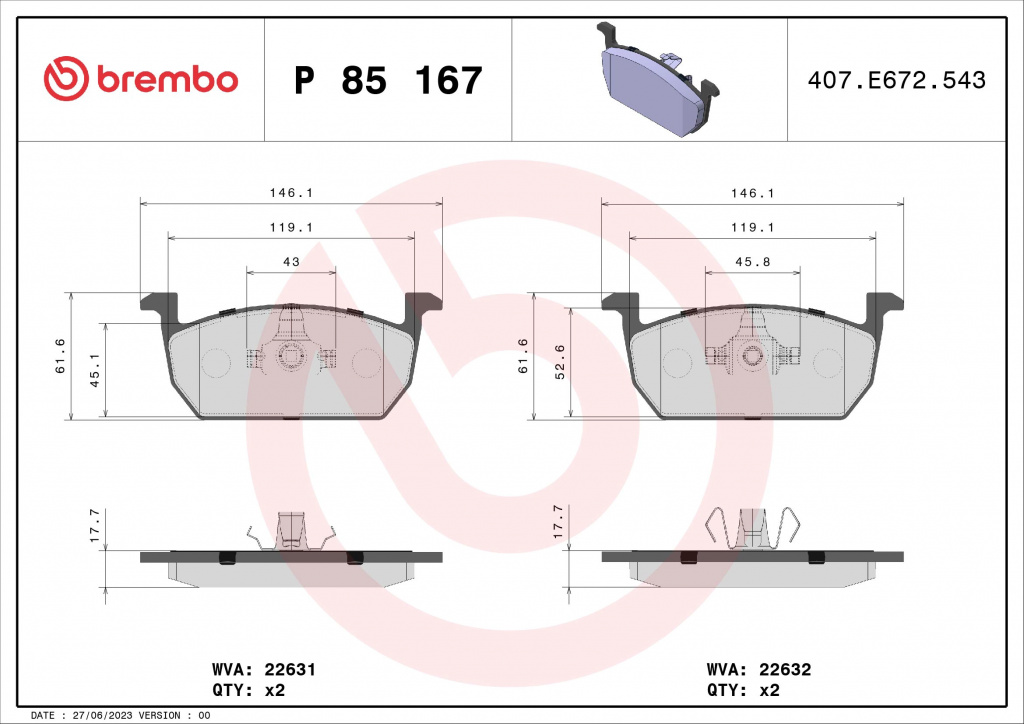 BREMBO set placute frana,frana disc P85167 la SKODA (SVW) OCTAVIA hatchback (NM2, NM3, NM4) 2014 2015 2016 2017 2018 2019 2020 2021 2022 2023 2024