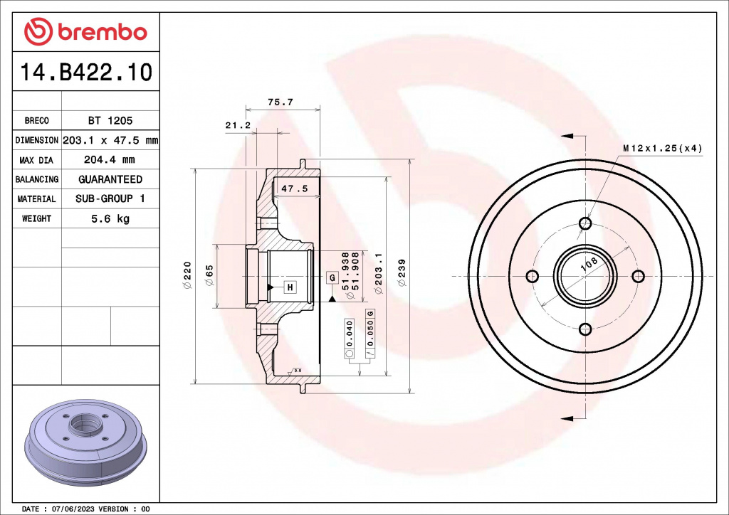 BREMBO Tambur frana 14.B422.10 pentru masina CITROEN C3 III Van (SX_, SY_) 2016 2017 2018 2019 2020 2021 2022 2023 2024