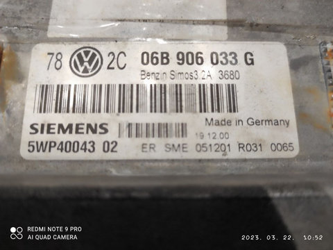 Calculator Motor Volkswagen Passat B5.5 2.0 benzina Unitate de control motor Cod: 06B906033 G 5WP4004301