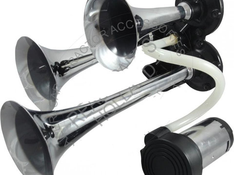 Claxon auto BestAutoVest 12v 300 + 230 + 170 mm set 3 trompete , crom , cu compresor