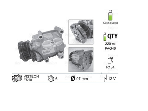 Compresor AC Ford Fiesta 1995-2008 Focus 1998-2011 Fusion 2002- Ka 1996-2008 Transit Connect 2002-2006 Transit 2000-2006 Motor 1,25/1,3/1,6/1,8/2,0/2,5t 1,4 Tdci 1,8 Td/Tdci 2,0 Di Rola De 95 Mm 6 nervuri Visteon�Tip: Fs1010 Valeo 1576677 1578406