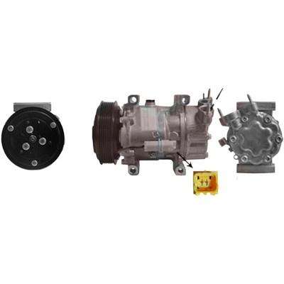 Compresor aer conditionat FIAT PUNTO EVO 199 2008-> pentru 1.4 16V, perioada 2009 2010 2011 2012 PIESA NOUA diametru admisie mm 20,6, Diametru evacuare mm 14,3, diametru fulie mm 119, cod compresor SD7V16