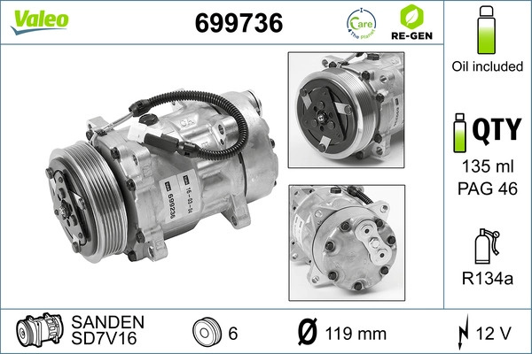 Compresor, climatizare VALEO 699736 se potriveste la PEUGEOT 206 hatchback (2A/C) 1998 1999 2000 2001 2002 2003 2004 2005 2006 2007 2008 2009