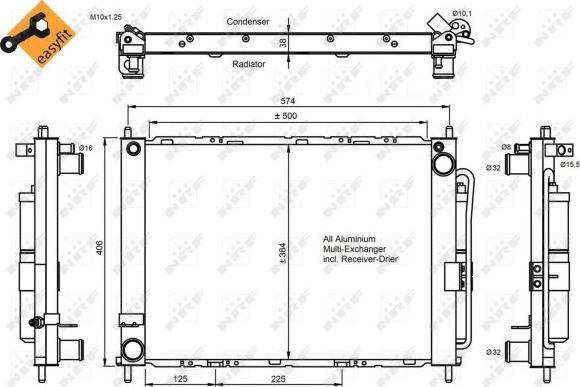 Condensator. climatizare Ac- condenser with dryer aluminium RENAULT CLIO III MODUS 1.4-1.6 12.04- RENAULT CLIO III (BR0/1, CR0/1), Hatchback, 01.2005 - NRF 350057