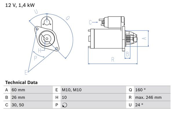 Demaror Incepator 12V 14kW se potrivește. MERCEDES C CL203 C T-MODEL S202 C T-MODEL S203 C W202 C W203 C W204 CLK A208 CLK A209 MERCEDES-BENZ VITO / MIXTO (W639), Van, 08.2003 - BOSCH 0 986 019 500