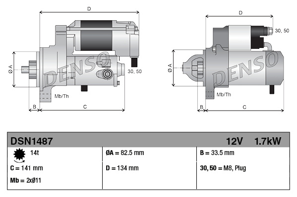 Demaror Incepator 12V 17kW SUBARU FORESTER IMPREZA XV 1.6/2.0 12.11- DENSO DSN1487