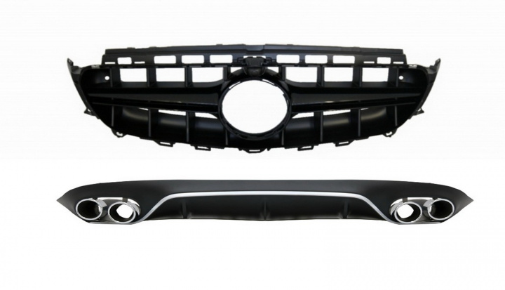 Difuzor Bara Spate cu Ornamente toba si Grila Centrala AMG Sport Line (2016+) E53 E63 Design Negru Tuning Mercedes-Benz E-Class C207 (facelift) 2013 2014 2015 2016 2017 CORDMBC238E53FGB