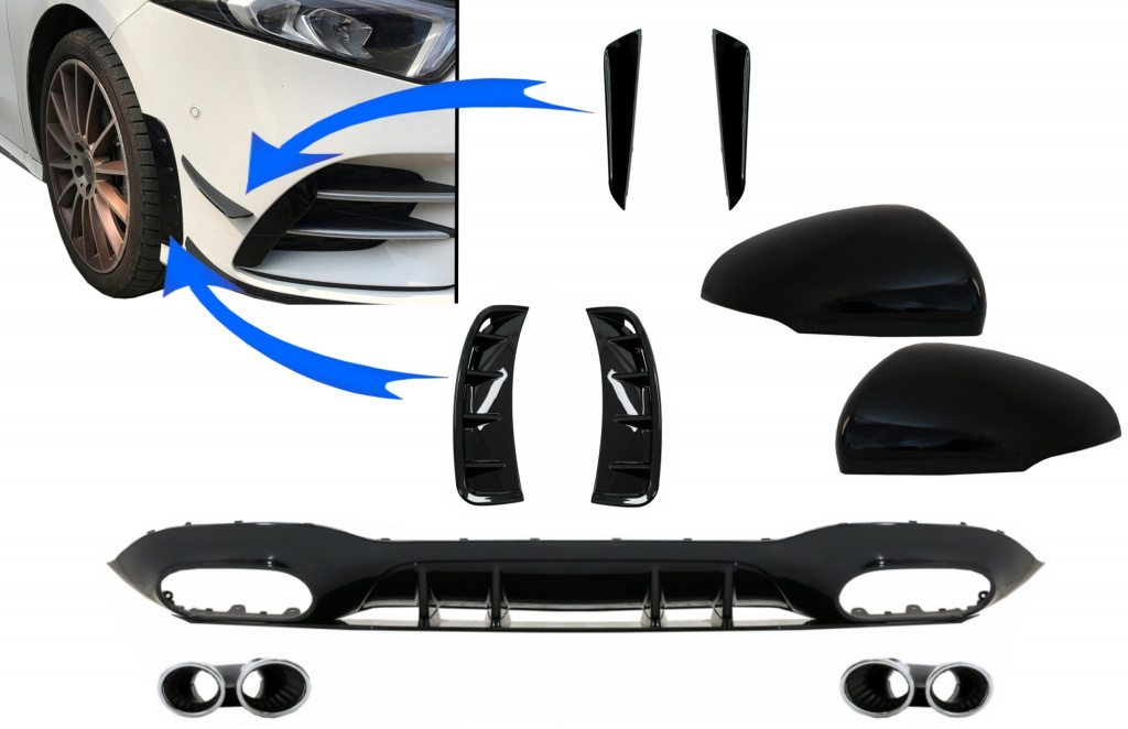 Difuzor cu Grila Aripa Aerisiri Laterale si Ornamente bara fata flapsuri &amp; Capace Oglinzi compatibil cu Mercedes A-Class V177 Sedan (2018-2022) Evacuare Crom MERCEDES A-CLASS Sedan (V177) (2018-2022)