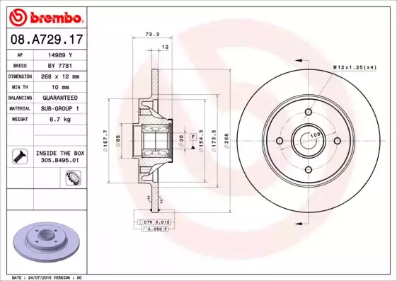 Disc frana 08 A729 17 BREMBO pentru CitroEn C4 Peugeot 5008 CitroEn Ds4 CitroEn Berlingo Peugeot Grand Peugeot Partner Peugeot Ranch CitroEn Ds5 Peugeot 308 Peugeot 3008