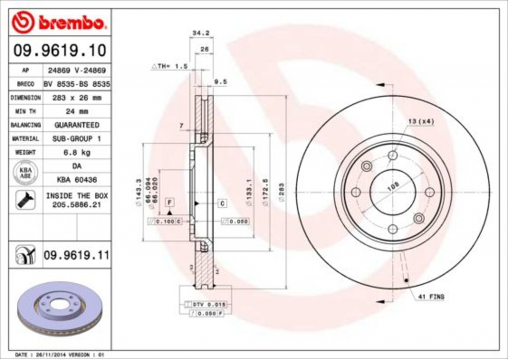 Disc frana 09 9619 11 BREMBO pentru CitroEn C4 CitroEn Berlingo CitroEn C3 Peugeot 307 CitroEn C5