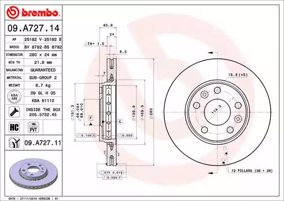 Disc frana 09 A727 14 BREMBO pentru Renault Megane Renault Gran Renault Fluence Dacia Duster Renault ScEnic Renault Grand Renault Laguna Renault Duster