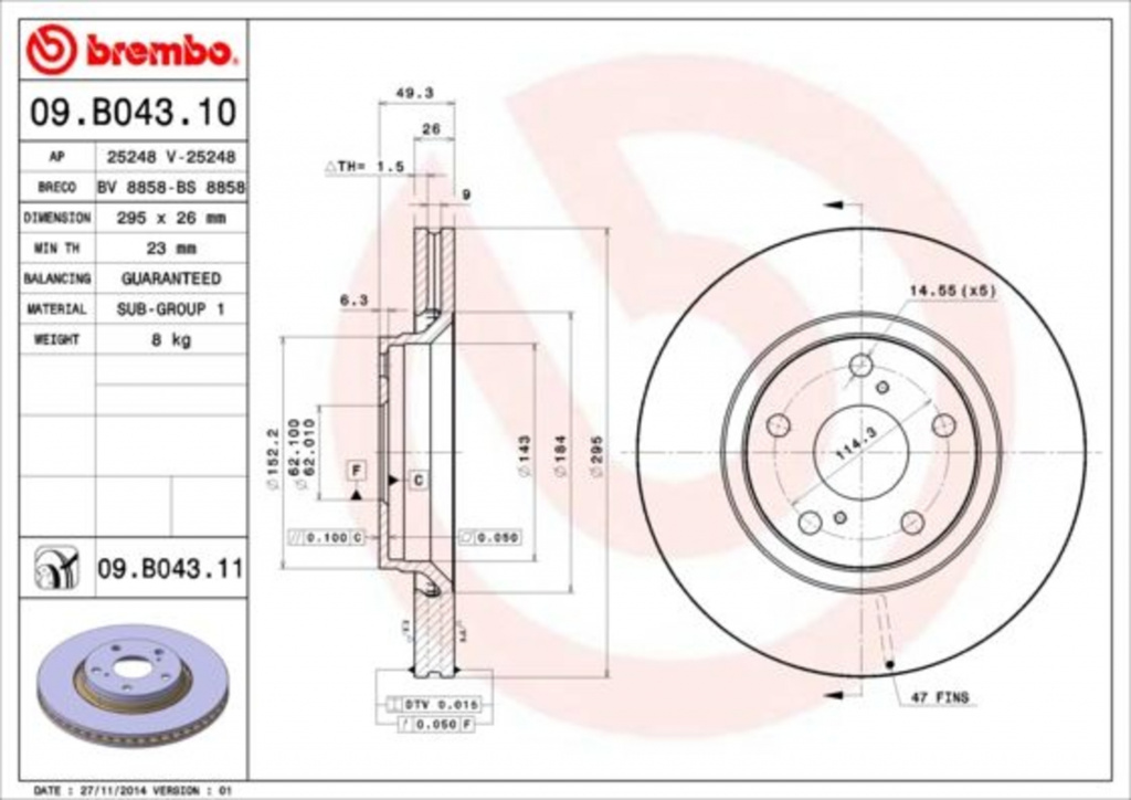 Disc frana 09 B043 11 BREMBO pentru Toyota Avensis Toyota Verso