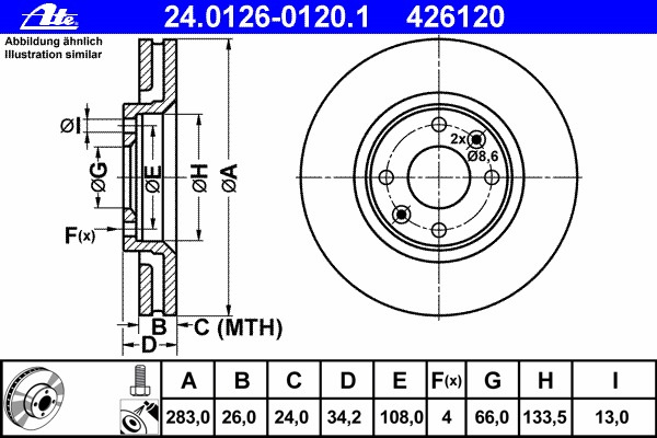 Disc frana 24 0126-0120 1 ATE pentru CitroEn C4 Peugeot 5008 Peugeot 308 CitroEn Ds4 CitroEn C3 CitroEn Berlingo Peugeot Grand Peugeot Partner Peugeot Ranch CitroEn Xsara CitroEn Ds5 Peugeot 307 Peugeot 207 CitroEn C5 Peugeot 206