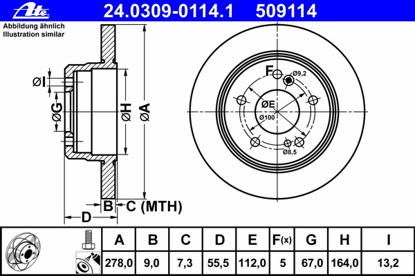 Disc frana 24 0309-0114 1 ATE pentru Mercedes-benz Limuzina Mercedes-benz E-class Mercedes-benz Kombi Mercedes-benz Coupe Mercedes-benz Cabriolet Mercedes-benz C-class Mercedes-benz Slk Mercedes-benz Clk